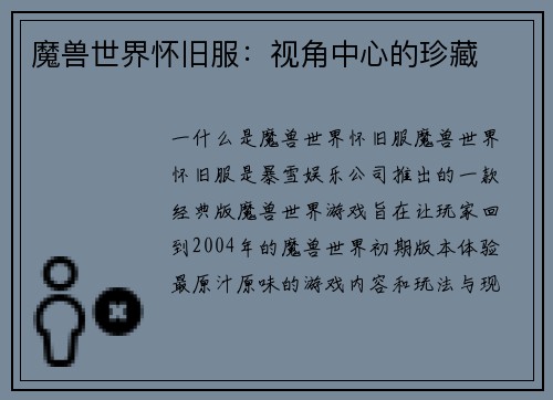 魔兽世界怀旧服：视角中心的珍藏